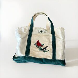 VTG 90s LL Bean Boat & Tote Bag Green Handles Cardinal Embroidery Initials FLAWS